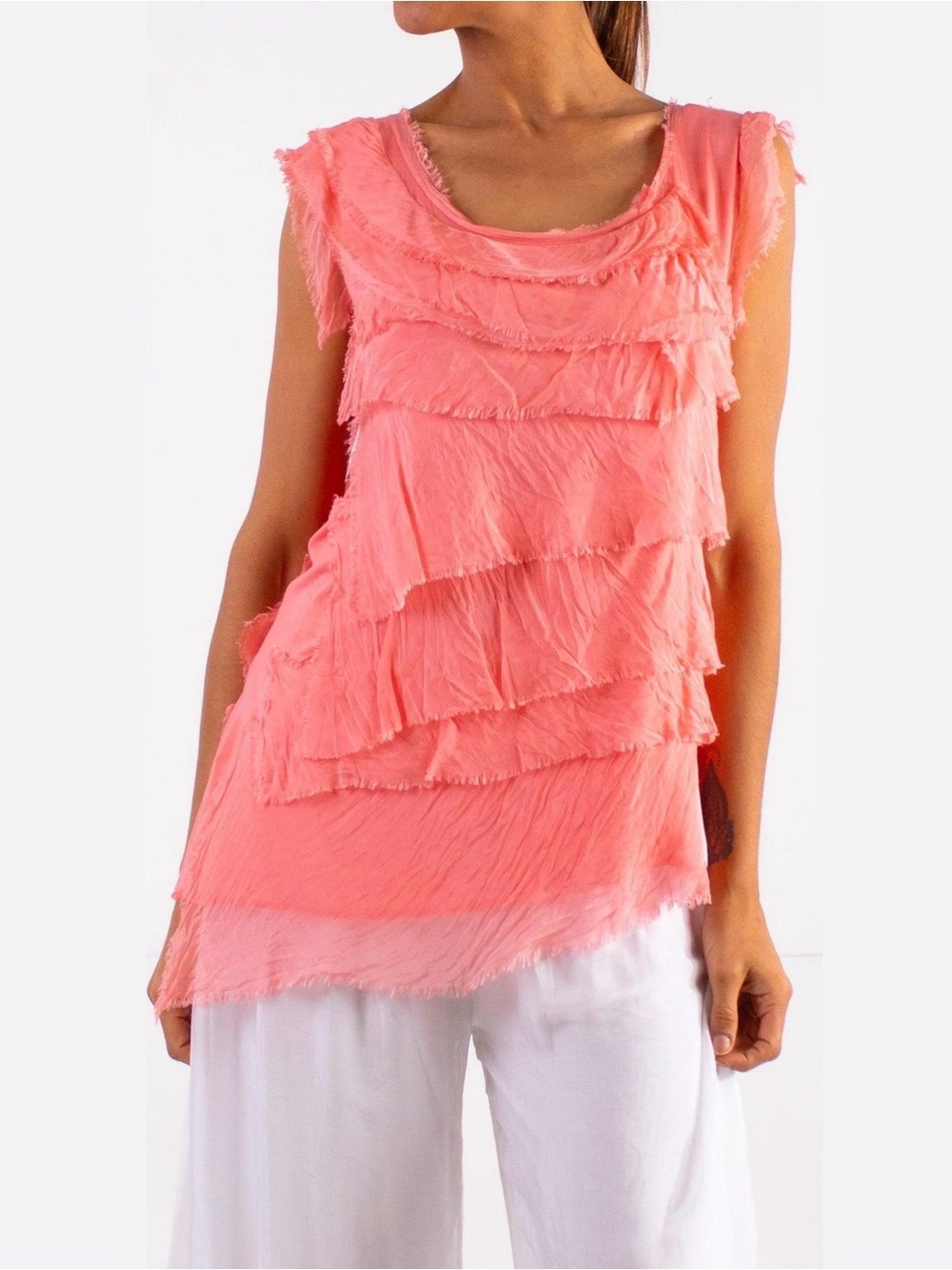 Silk Frayed Tiered Coral Sleeveless Tank Top
